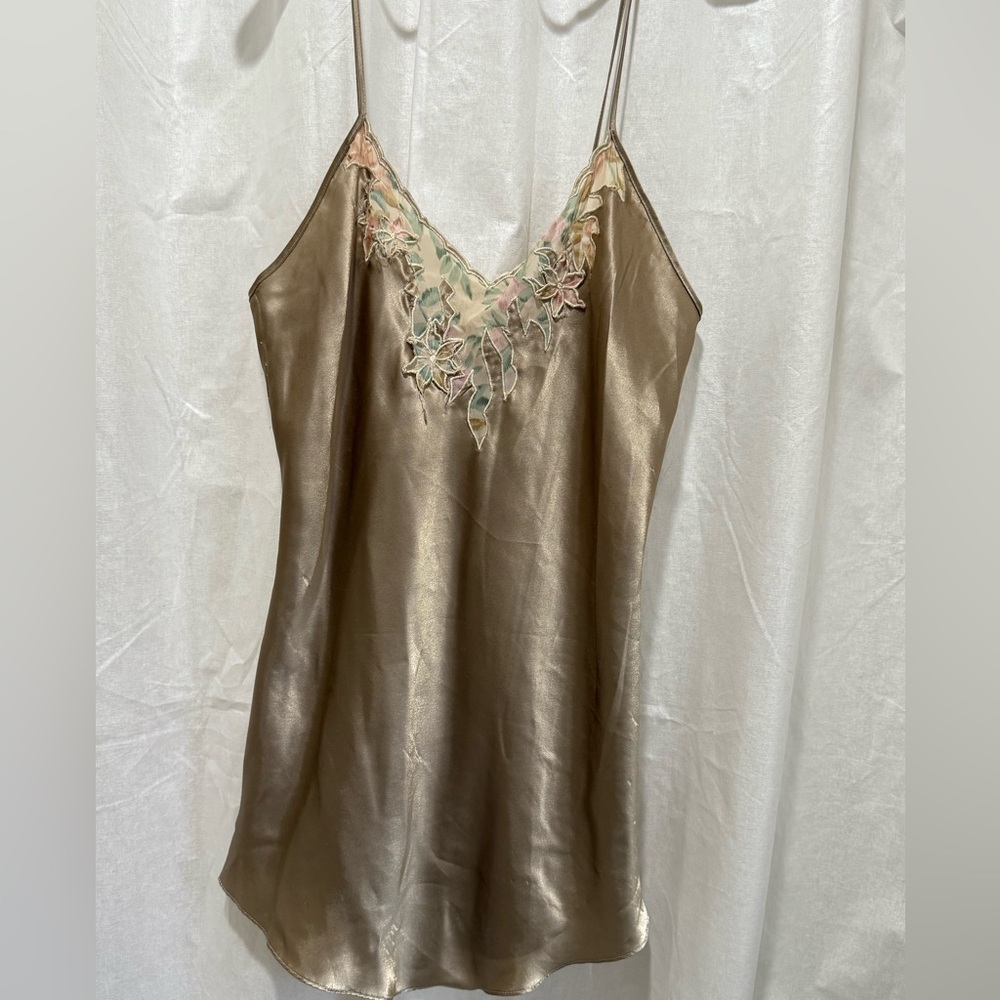 Vintage Val Mode Lingerie Ivory Satin Floral Sleeveless Slip Chemise Size Medium